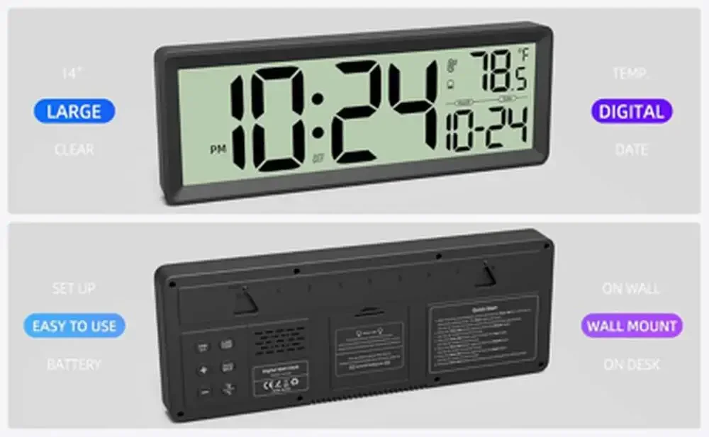 Digital Wall Clock 14 Inch Large Display Temperature Date DST Battery Operated